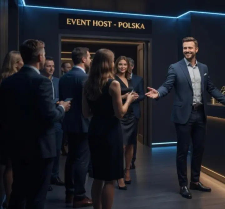 Prowadzący event tłumaczący zasady wieczoru pokerowego uczestnikom przy stole