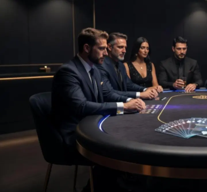 Ekskluzywny stół pokerowy w ciemnej, kasynowej oprawie świetlnej