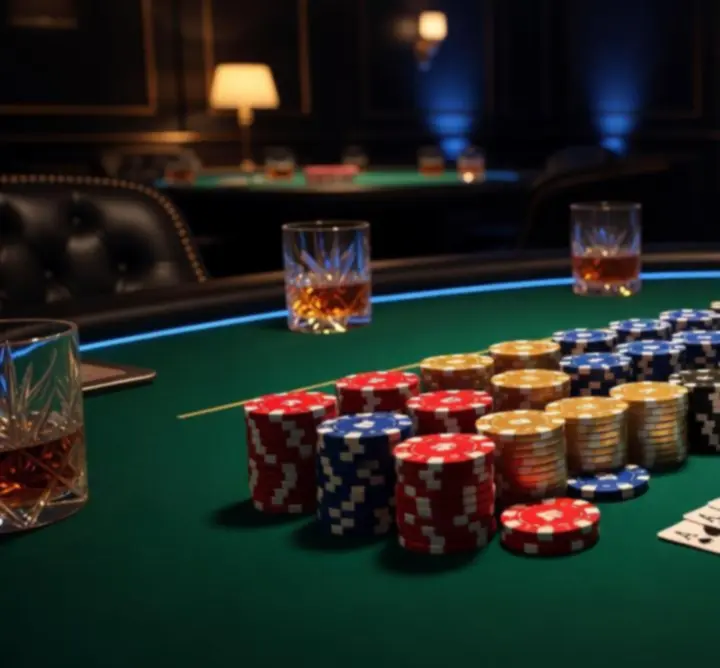 Profesjonalnie przygotowany stół pokerowy z żetonami i kartami na evencie Pulse Venue House