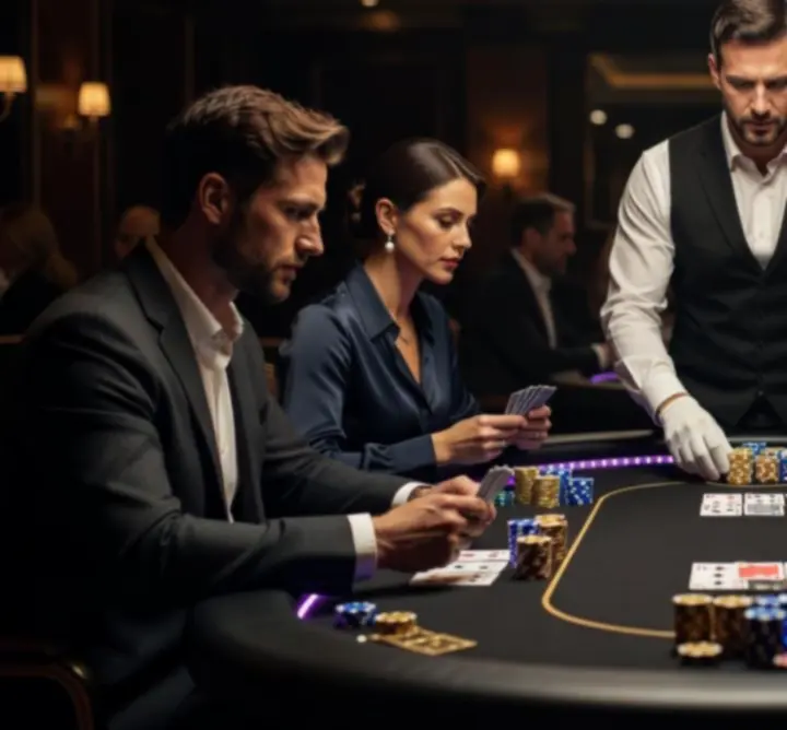 Profesjonalny stół pokerowy przygotowany na turniej podczas wieczoru eventowego